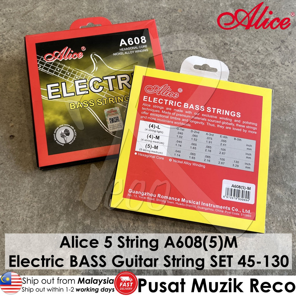 Alice A608(5) Medium 5-String Nickel Alloy Electric BASS Guitar String SET (45-130) - Reco Music Malaysia
