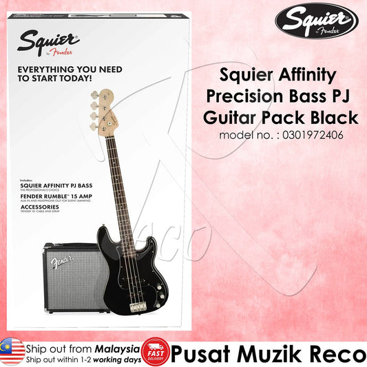 Fender Squier Affinity PJ Bass Guitar Pack with Rumble 15W Amplifier Black | Reco Music Malaysia