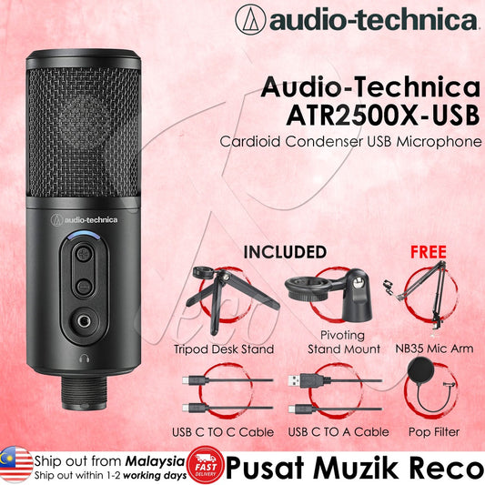 Audio Technica ATR2500X-USB Cardioid Condenser USB Microphone Mic with Pop Filter & Mic Arm ATR2500xUSB ATR2500x USB - Reco Music Malaysia