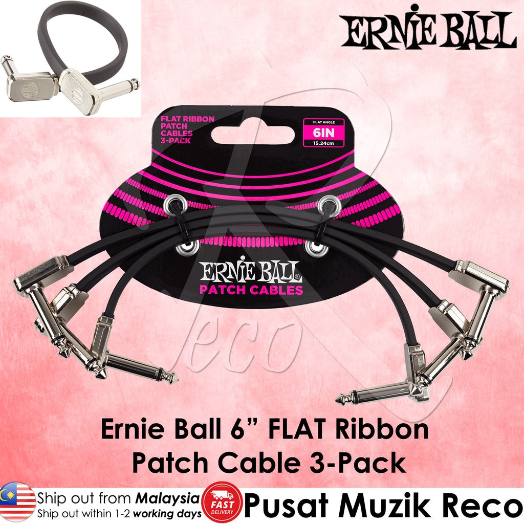 Ernie Ball 6221 6 Inch BLACK Flat Ribbon Guitar Effect Pedal Patch Cable 3/Pack - Reco Music Malaysia