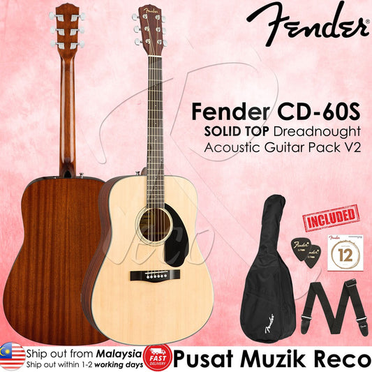 Fender CD-60S SOLID TOP Dreadnought Acoustic Guitar Pack V2 - Reco Music Malaysia