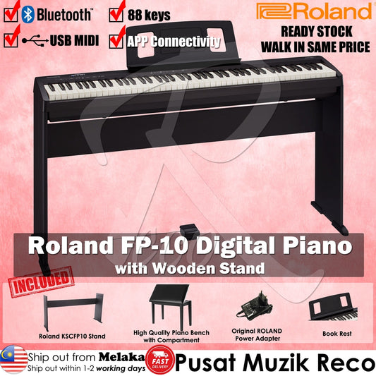 Roland FP-10 FULL SET 88 keys Digital Piano with Bench, Wooden Stand, DP-2 Pedal, Note Stand and Adapter - Reco Music Malaysia