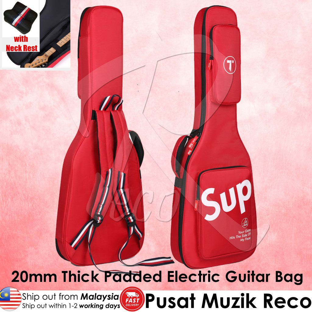 RM 20mm Thick Padded Electric Guitar Bag with Neck Rest Designer Series (Red/Black , Full Red) - Reco Music Malaysia