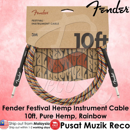 Fender 0990910299 Festival Hemp Straight to Straight Guitar Cable, 10ft, Rainbow - Reco Music Malaysia