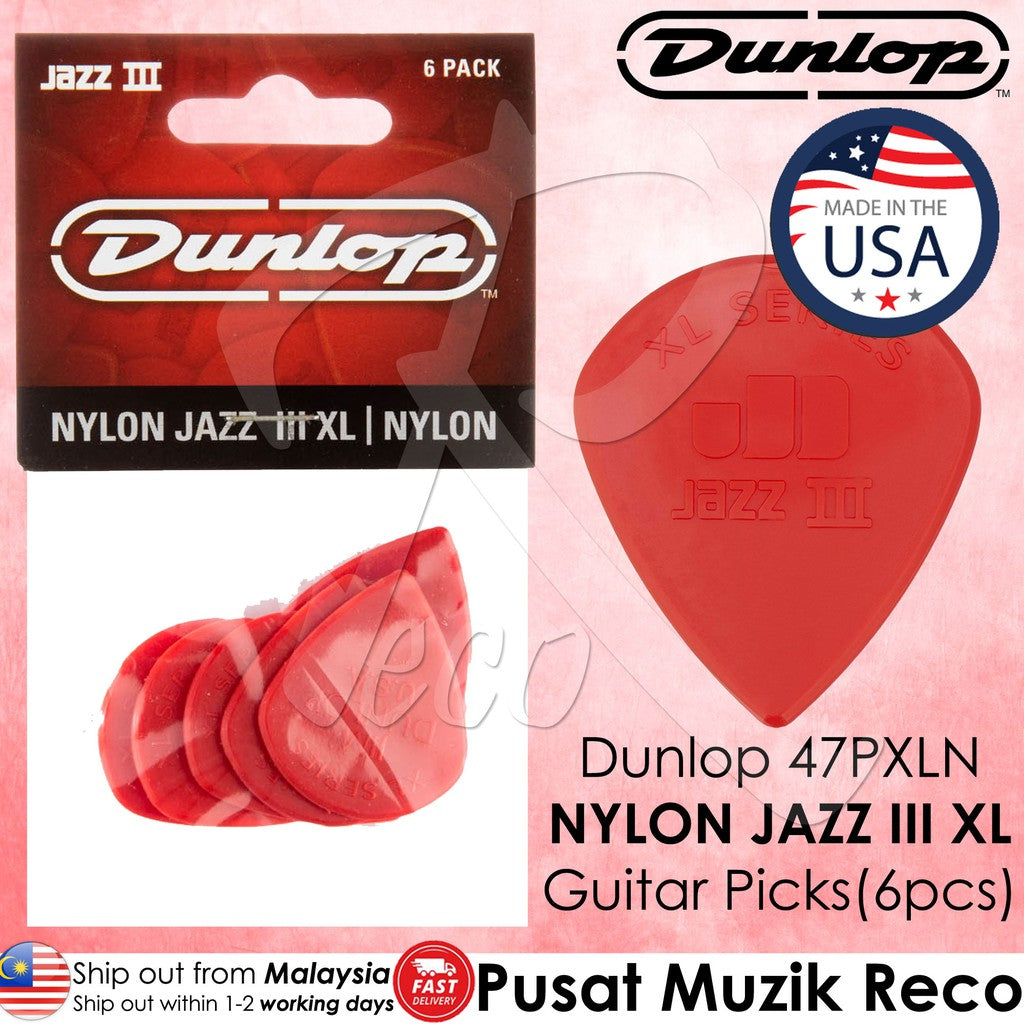 Jim Dunlop 47PXLN Nylon Jazz III XL Guitar Picks, Red, 6-Pack - Reco Music Malaysia