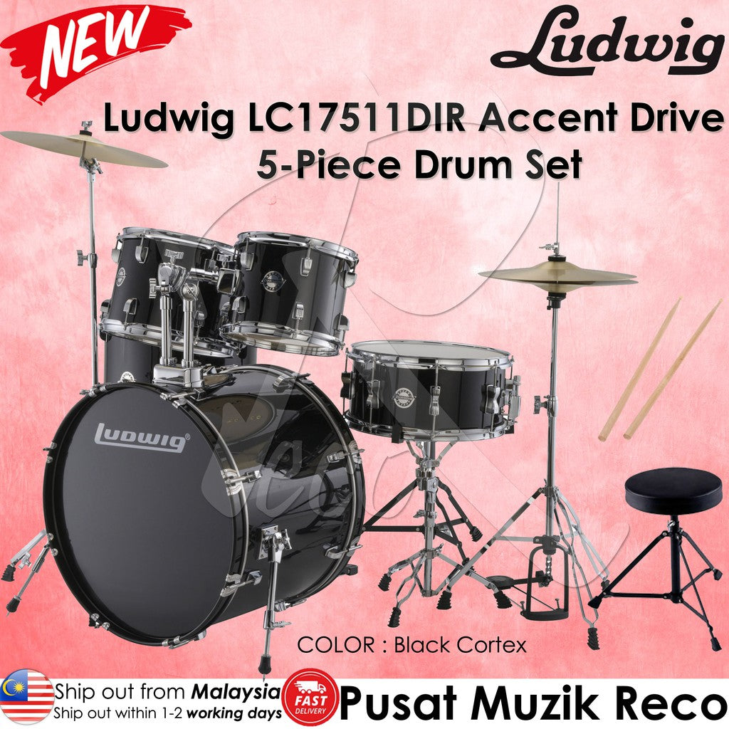 Ludwig LC17511DIR Black Cortex Accent Drive 5 Piece Drum Set | Reco Music Malaysia