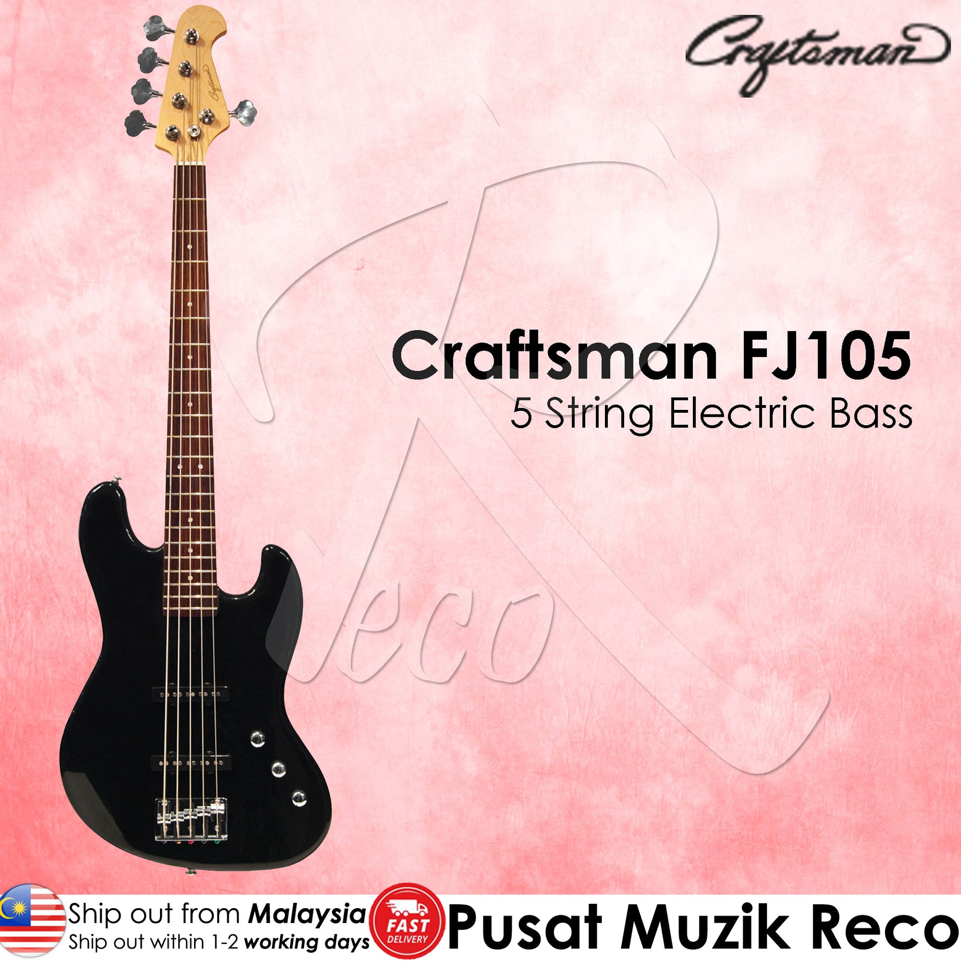 Craftsman FJ105 Black 5 String Electric Bass Guitar - Reco Music Malaysia