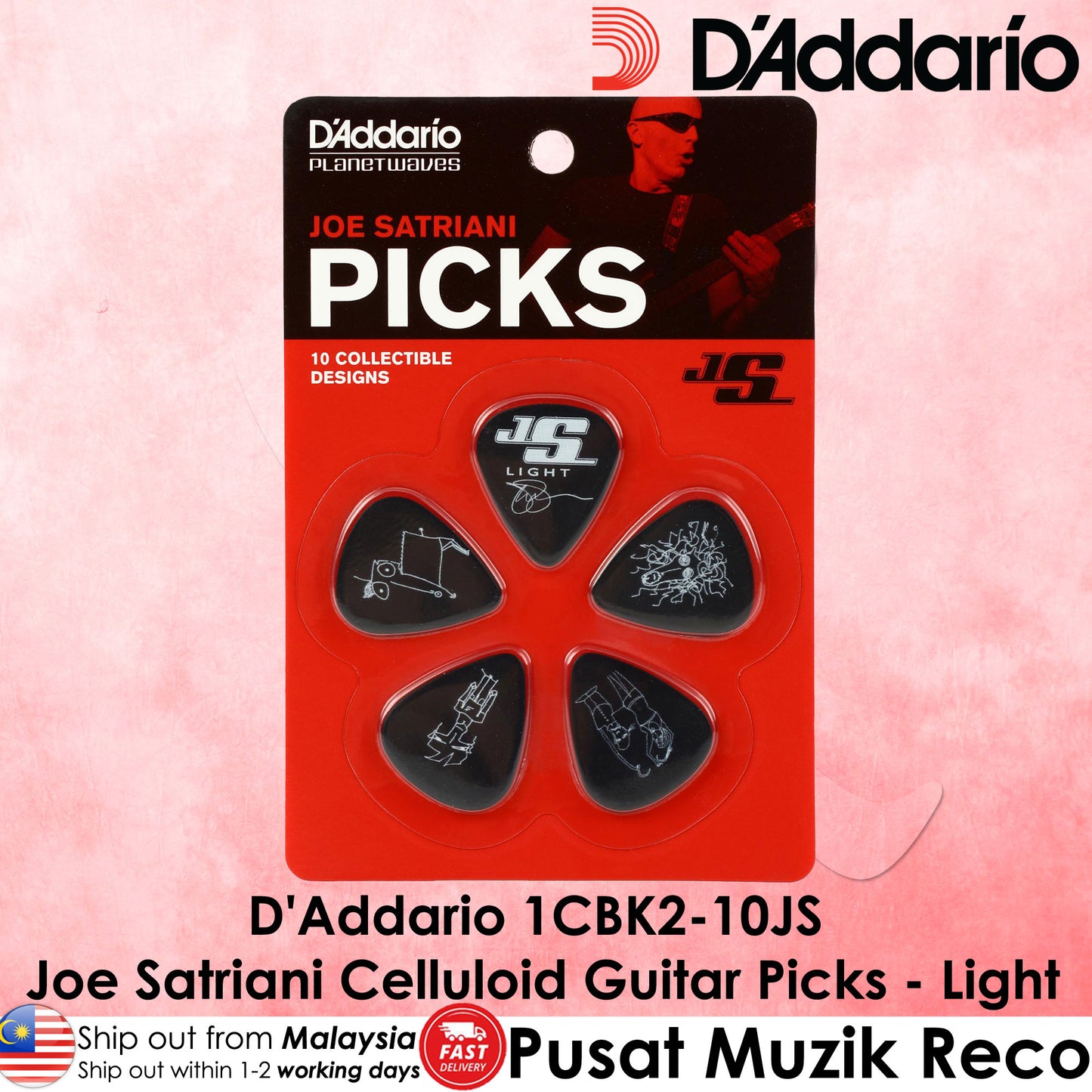 D'Addario 1CBK2-10JS Joe Satriani Signature Black Guitar Picks, Light (.50mm), 10-Pack - Reco Music Malaysia