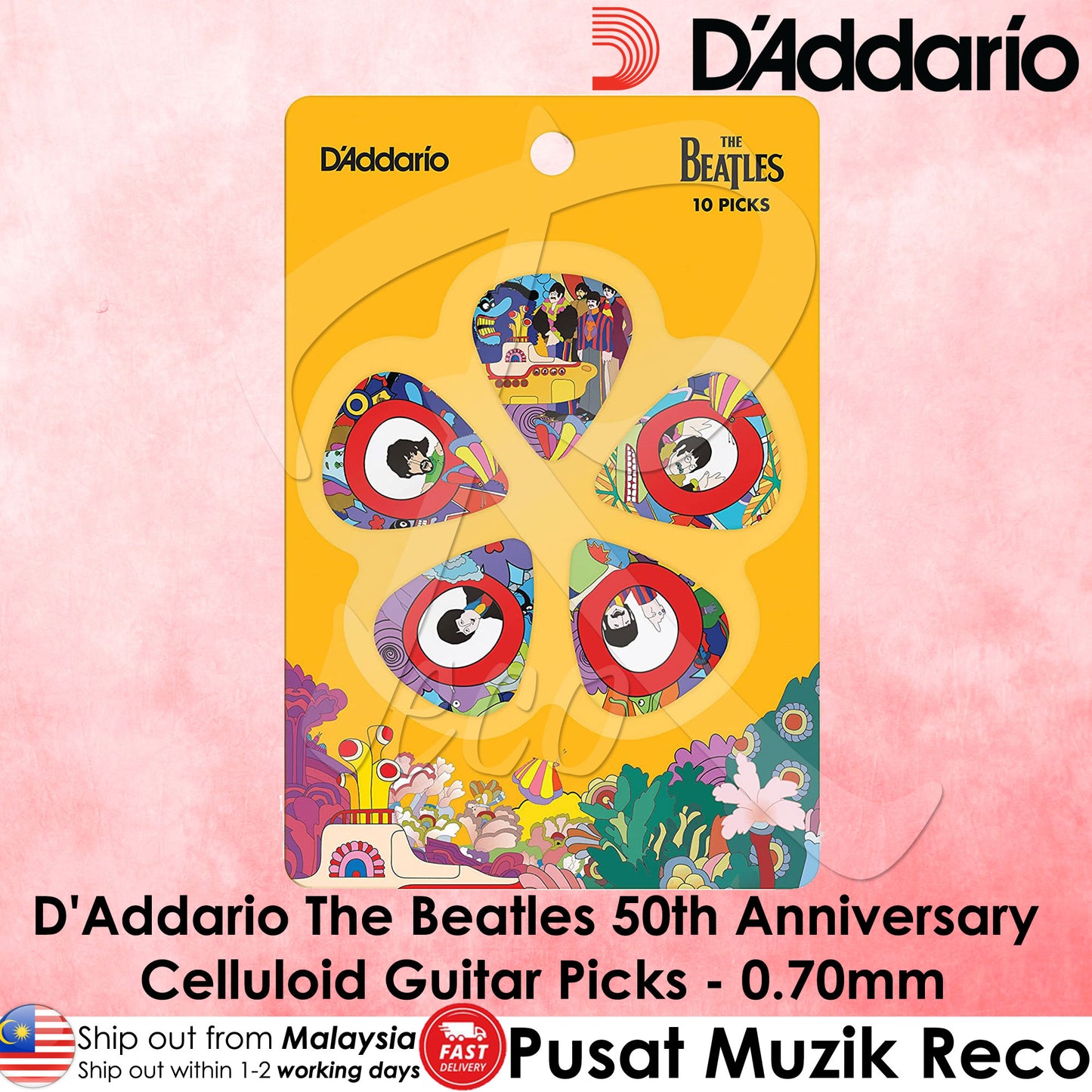 D'Addario 1CWH4-10B7 The Beatles Yellow Submarine 50th Anniversary Guitar Picks, Medium Gauge (.70mm), 10-Pack - Reco Music Malaysia