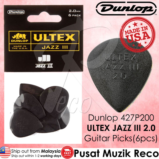 Jim Dunlop 427P200 Ultex Jazz III 2.00mm Black Guitar Picks Player Pack - Reco Music Malaysia