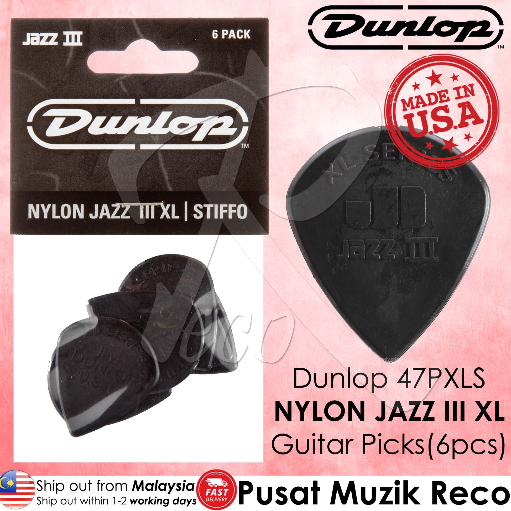Dunlop 47PXLS NYLON Jazz III XL Black Stiffo Guitar Picks (6pcs) | Reco Music Malaysia