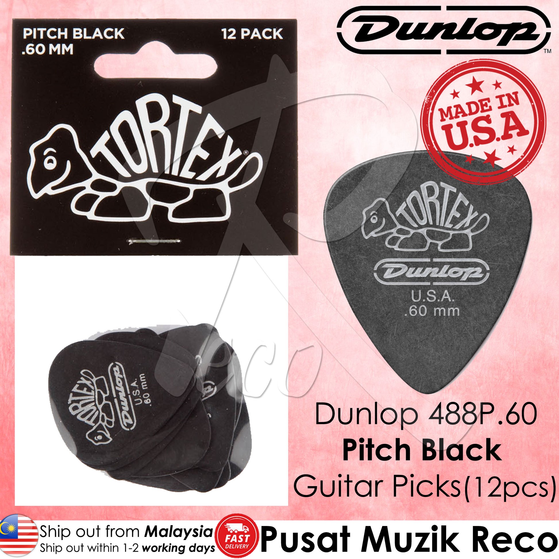 Dunlop 488P.60 Tortex Pitch Black Standard Guitar Picks Player Pack (12pcs) | Reco Music Malaysia