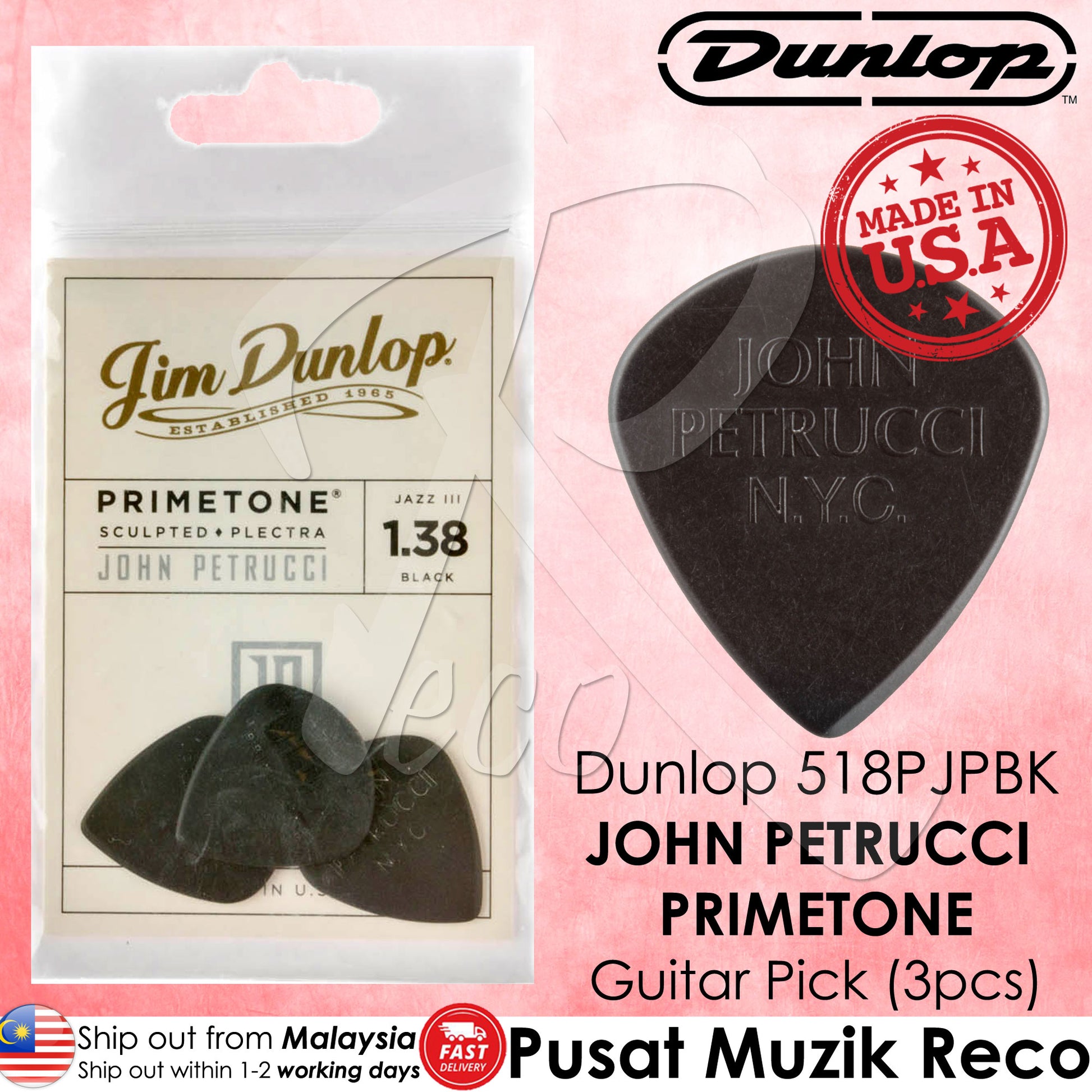 Jim Dunlop 518PJPBK John Petrucci Primetone Jazz III 1.38mm Guitar Picks (3pcs) | Reco Music Malaysia