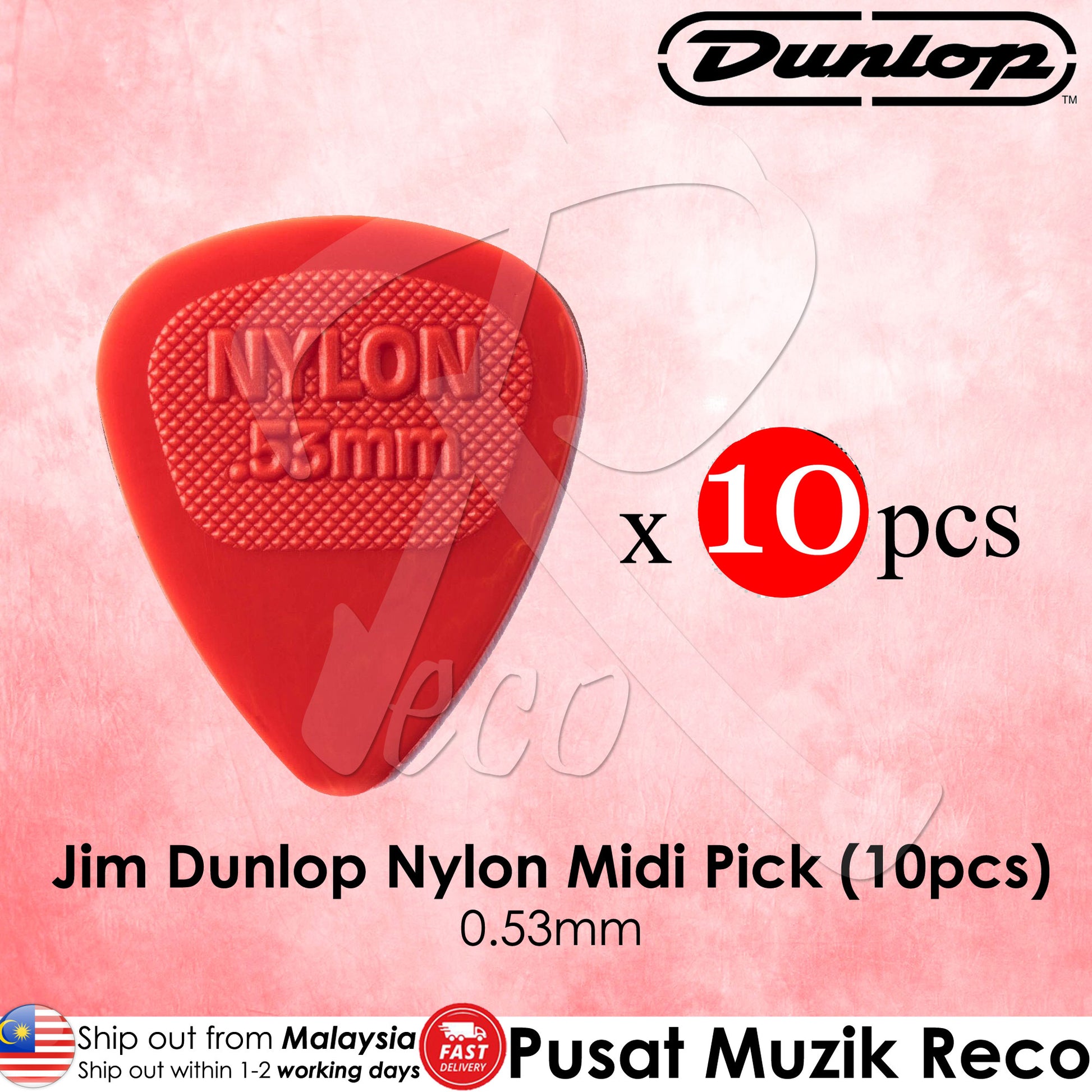 10 x Jim Dunlop Nylon Midi Guitar Pick 0.53mm Red - Reco Music Malaysia