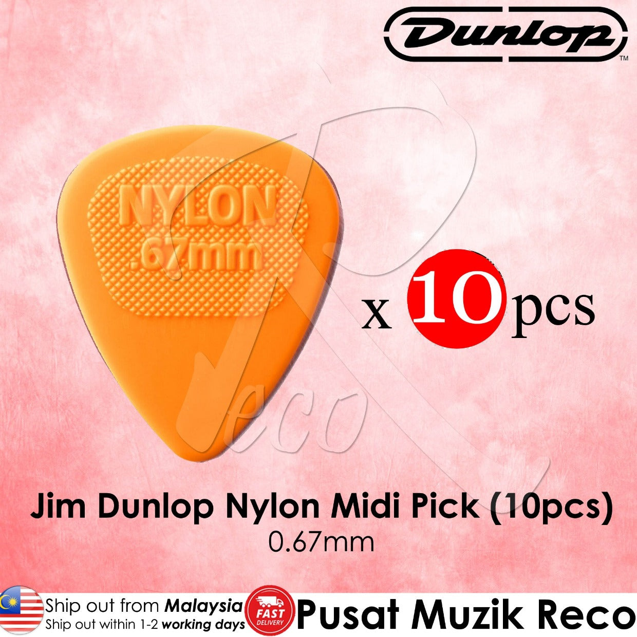 10 x Jim Dunlop Nylon Midi Guitar Pick 0.67mm Orange - Reco Music Malaysia