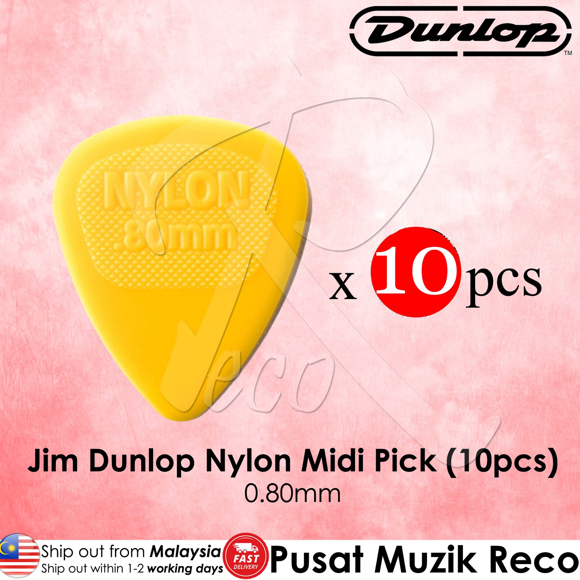 10 x Jim Dunlop Nylon Midi Guitar Pick 0.80mm Yellow - Reco Music Malaysia
