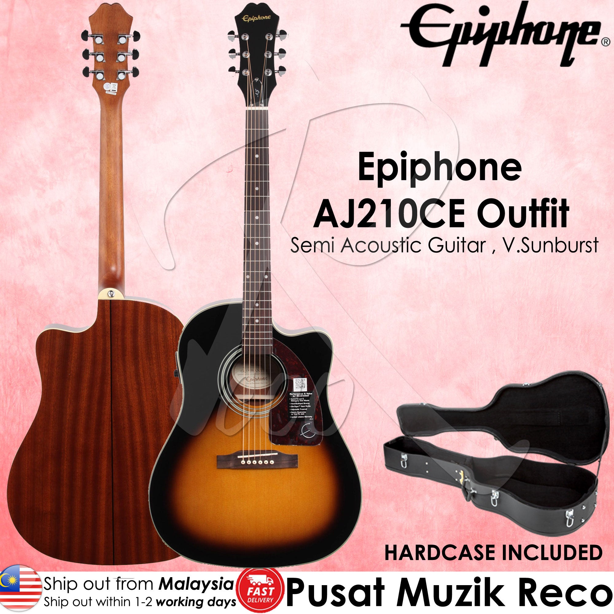 Epiphone AJ-210CE Jumbo Vintage Sunburst Acoustic Guitar With ...