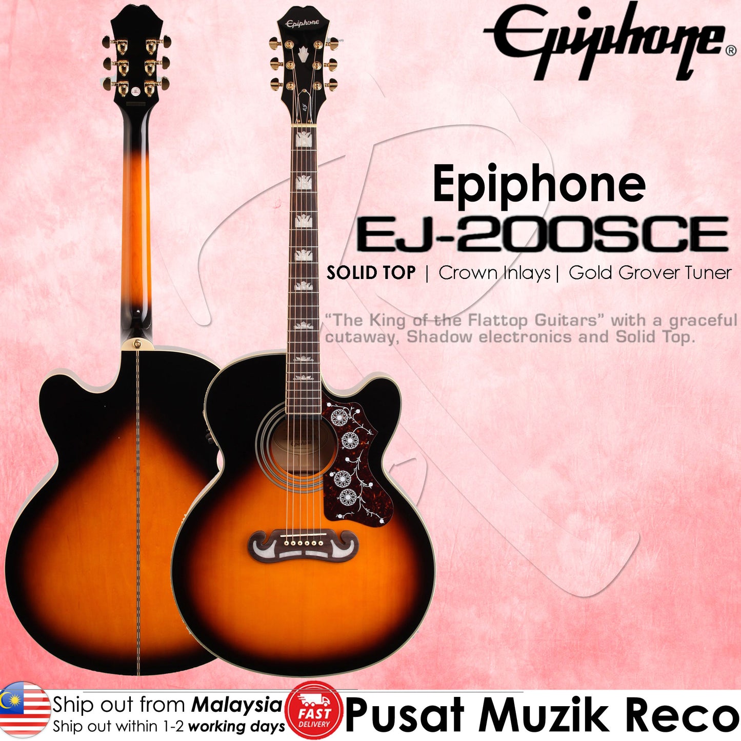 Epiphone EJ-200SCE Vintage Sunburst Solid Top Acoustic Guitar - Reco Music Malaysia