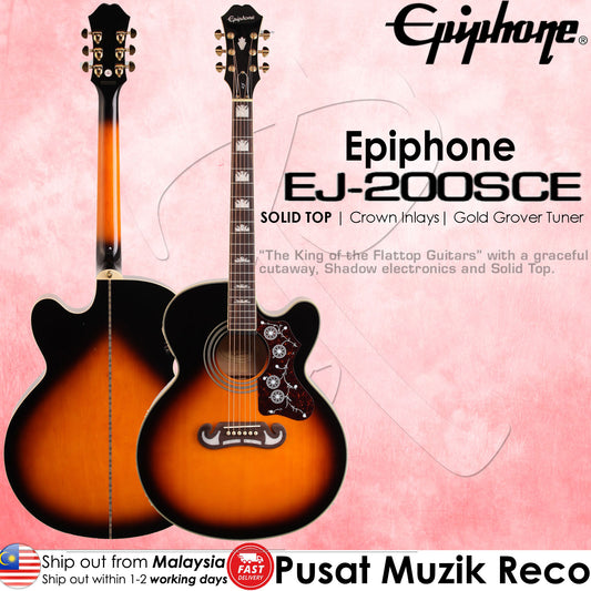 Epiphone EJ-200SCE Vintage Sunburst Solid Top Acoustic Guitar - Reco Music Malaysia