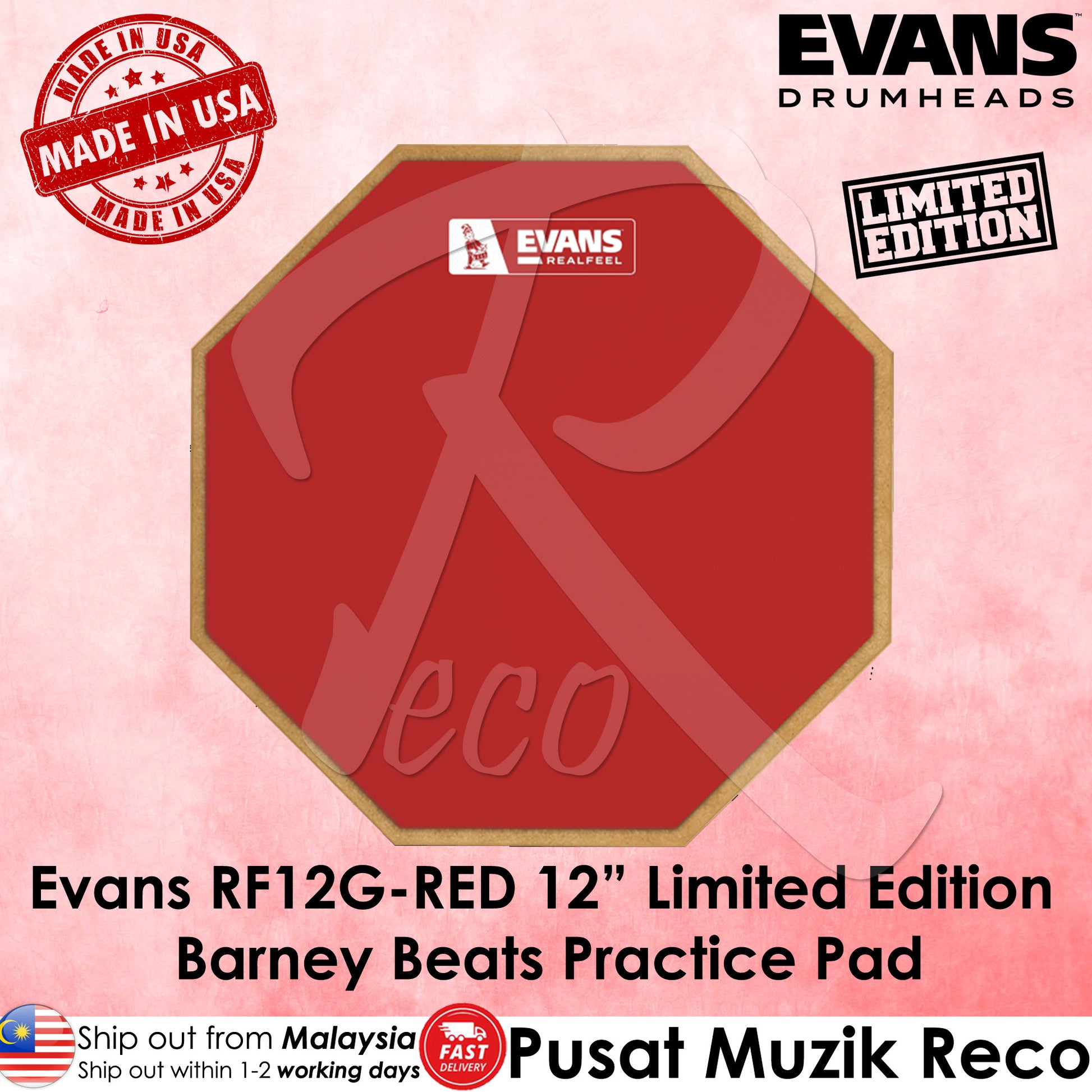 Evans RF12G Red 12in Limited Edition Barney Beats RealFeel Drum Practice Pad - Reco Music Malaysia