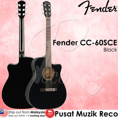 Fender CC-60SCE Solid Top Concert Semi Acoustic Guitar Black - Reco Music Malaysia