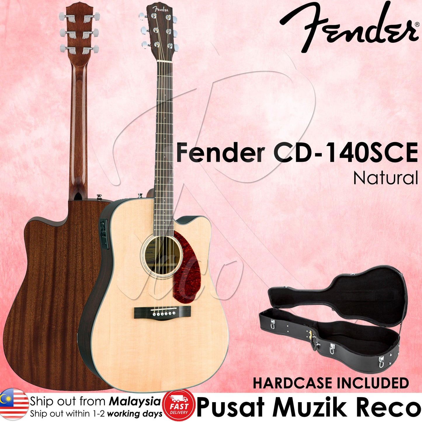 Fender CD-140SCE Solid Top 6-String Acoustic-Electric Guitar with Case,Natural (CD140SCE) | Reco Music Malaysia