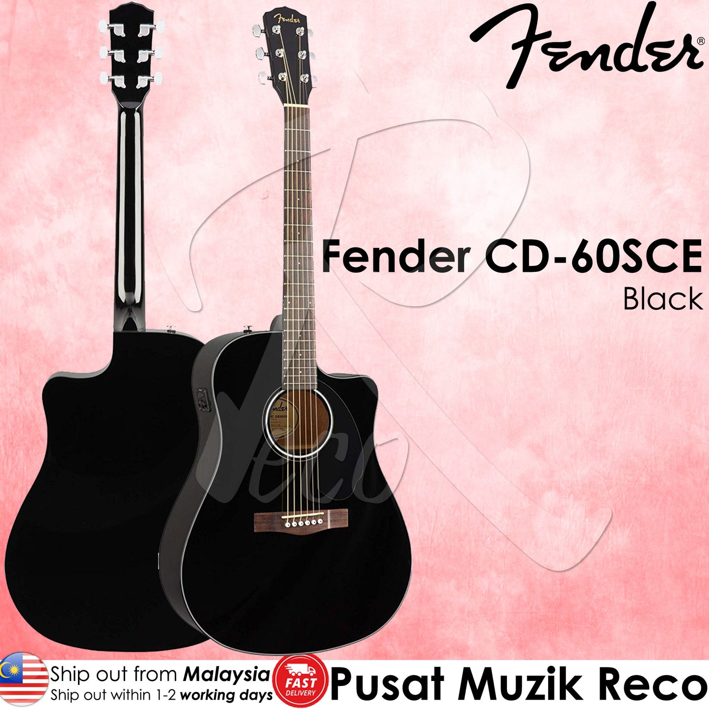 Fender CD-60SCE BK Solid Top Acoustic-Electric Guitar, Black | Reco Music Malaysia