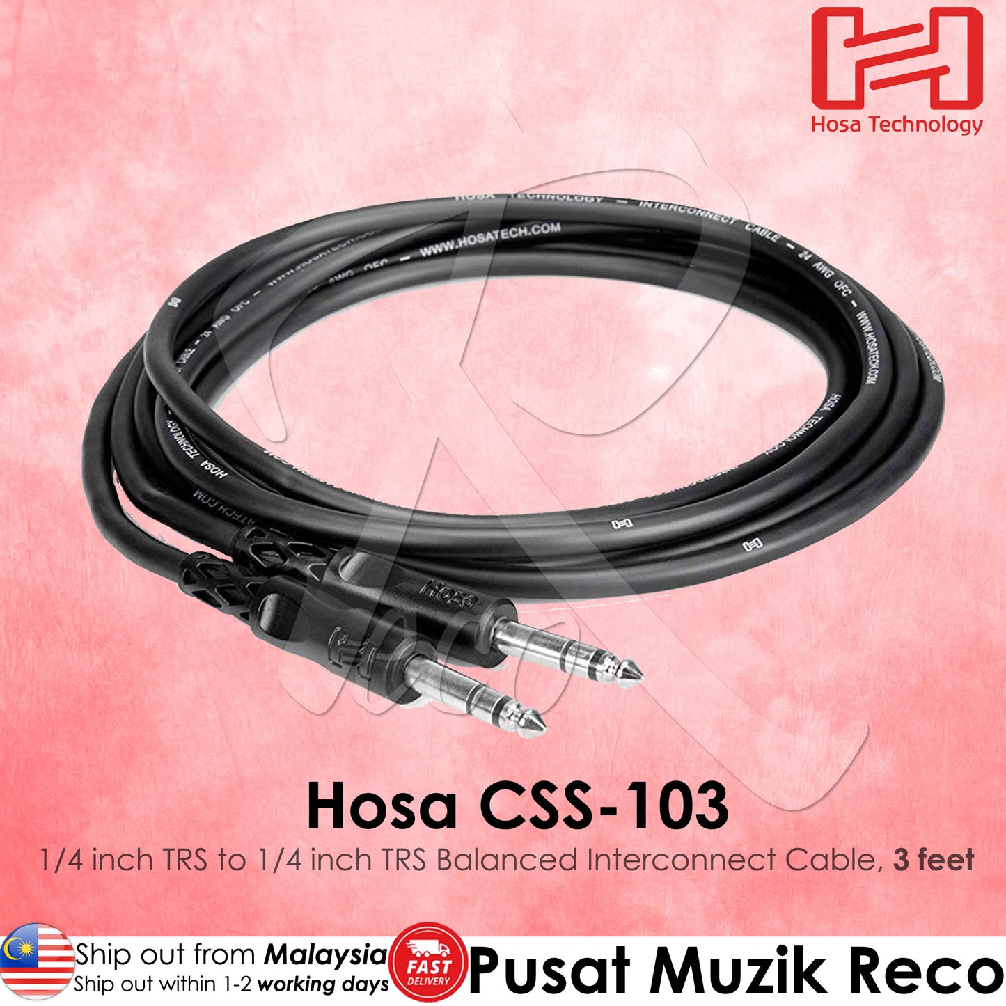 Hosa CSS-103 1/4 inch TRS to 1/4 inch TRS Balanced Interconnect Cable, 3 feet - Reco Music Malaysia