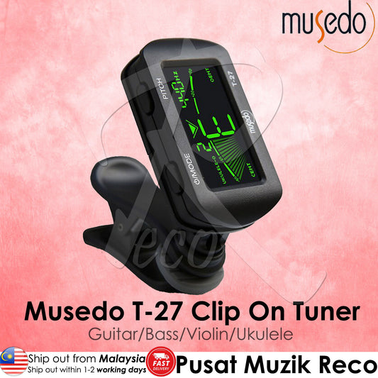 Musedo T-27 Rotatable LCD Digital Clip On Tuner for Chromatic Guitar Bass Ukulele Violin - Reco Music Malaysia