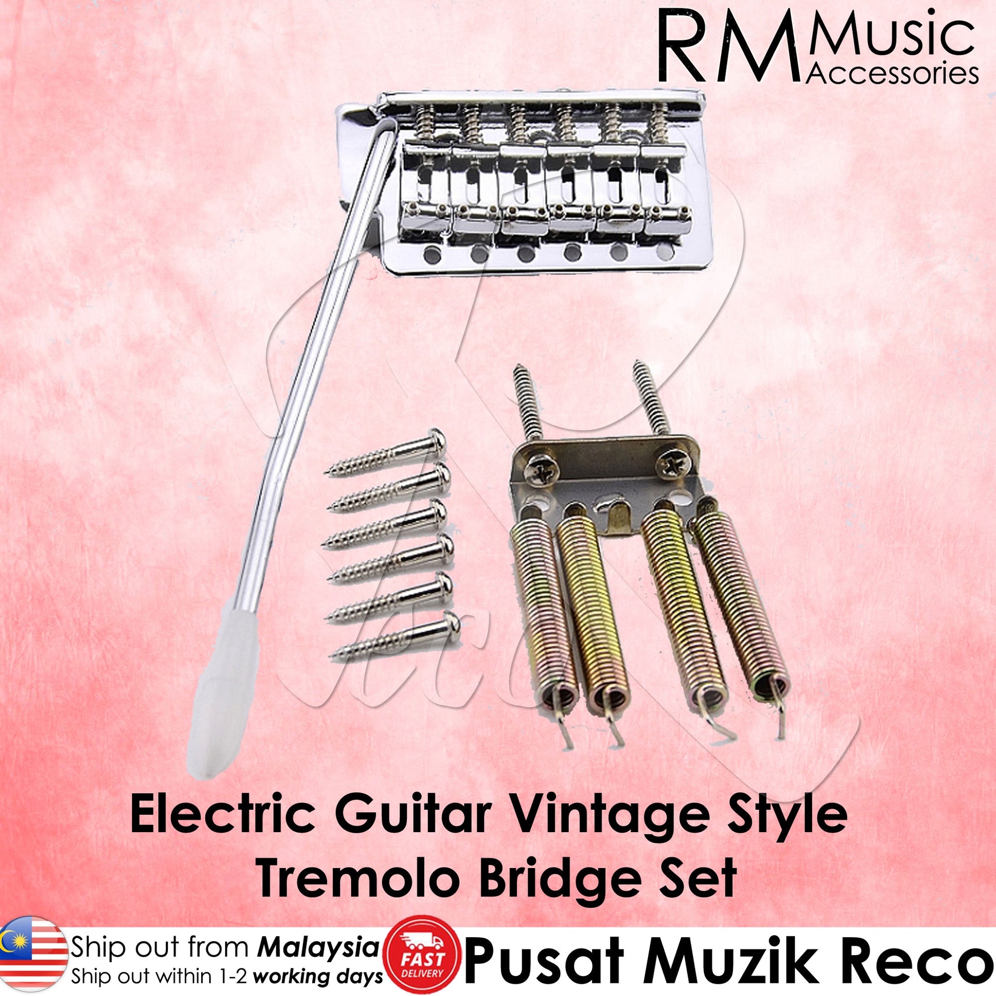 RM GF-1172 Vintage Style Electric Guitar Tremolo Bridge System Set Chrome - Reco Music Malaysia