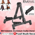 RM Aluminum Portable Foldable Guitar A-Frame Stand, displayed in various states of folding and use, with a carrying bag mentioned as an included item.