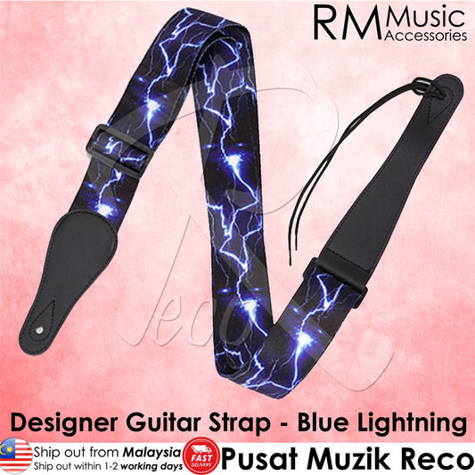 RM Designer Polyester Guitar Strap - Blue Lightning - Reco Music Malaysia