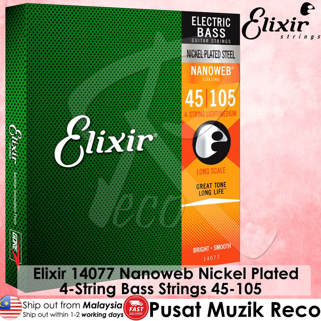Elixir String 14077 NANOWEB Coated Long Scale 4 String Bass Guitar Strings, Light Medium, 45-105 - Reco  Music Malaysia