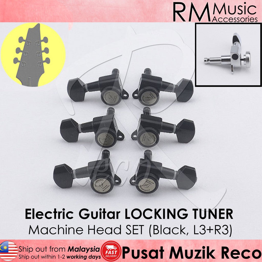RM GF0048BK-L3R3 Black Electric Guitar Locking Tuner Guitar Machine Head SET - Reco Music Malaysia