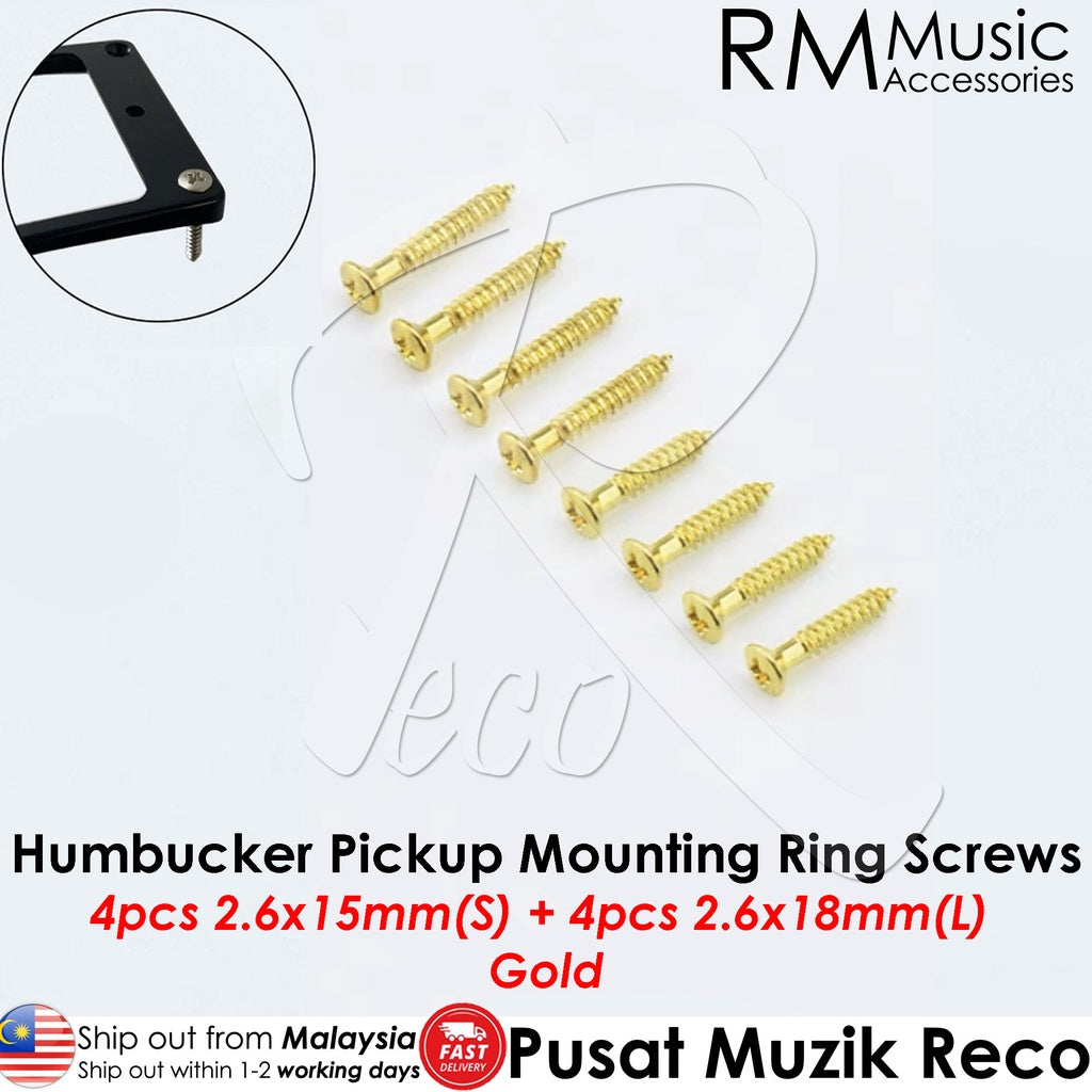 RM GF0090-GD4S4L Electric Guitar Humbucker Pickup Mounting Ring Screws, Gold 4 Short 4 Long - Reco Music Malaysia