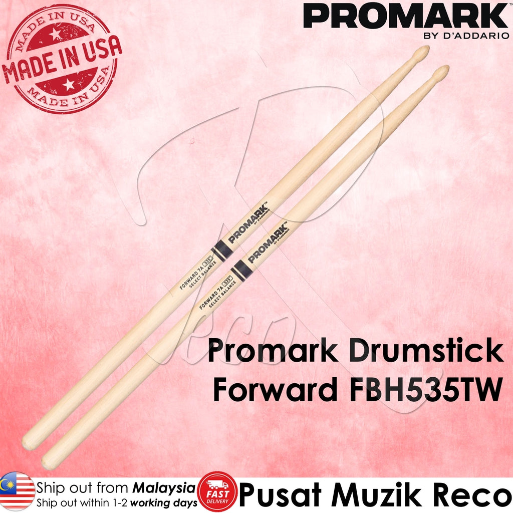 Promark FBH535TW Forward Balance 7A Hickory Teardrop Wood Tip Drumstick - Reco Music Malaysia