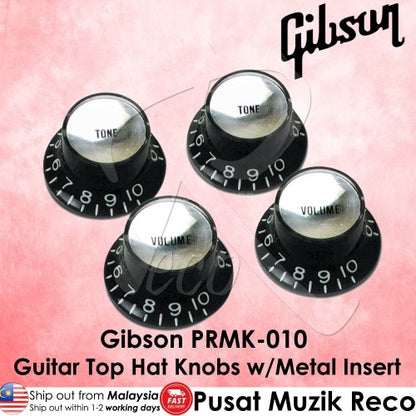 Gibson PRMK-010 Top Hat Knobs w/Metal Insert - Black w/Silver - Reco Music Malaysia