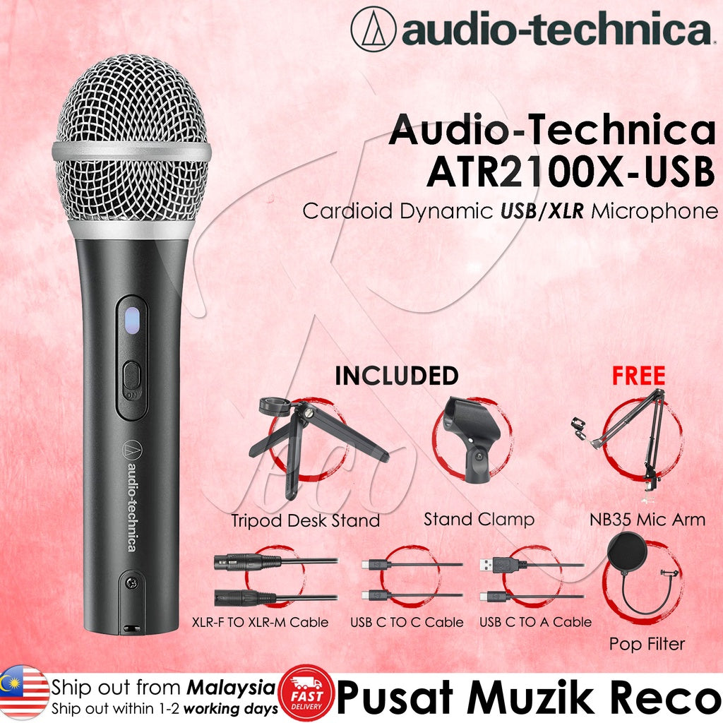 Audio Technica ATR2100x-USB Cardioid Dynamic USB/XLR Microphone with Pop Filter & Mic Arm ATR2100x USB ATR2100xUSB Mic - Reco Music Malaysia