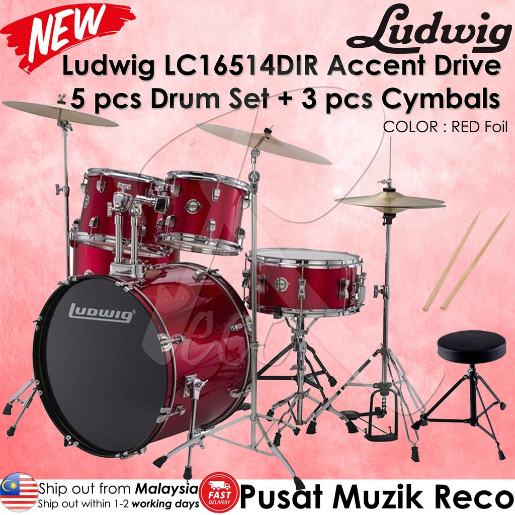 Ludwig LC16514DIR Red Foil Accent Drive 5 Piece Drum Set With 3 Cymbals - Reco Music Malaysia