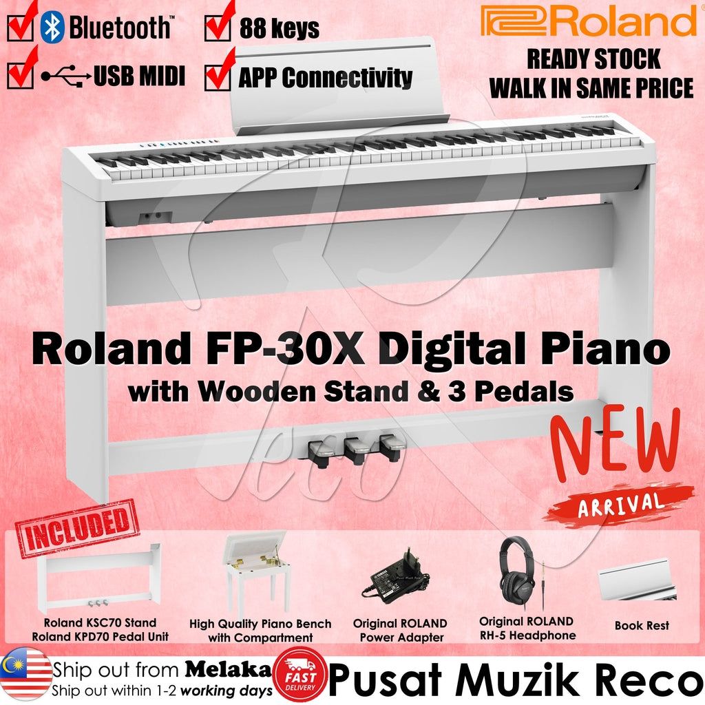 Roland FP-30X White 88 keys Digital Piano W/ Bench Headphone 3 Pedals Stand - Reco Music Malaysia