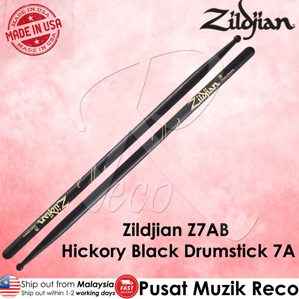 Zildjian Z7AB Hickory Series Wood Tip BLACK 7A Drumstick (USA Made) - Reco Music Malaysia