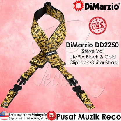 DiMarzio DD2250 Steve Vai ClipLock Quick Release Guitar Strap, UtoPIA Black & Gold - Reco Music Malaysia