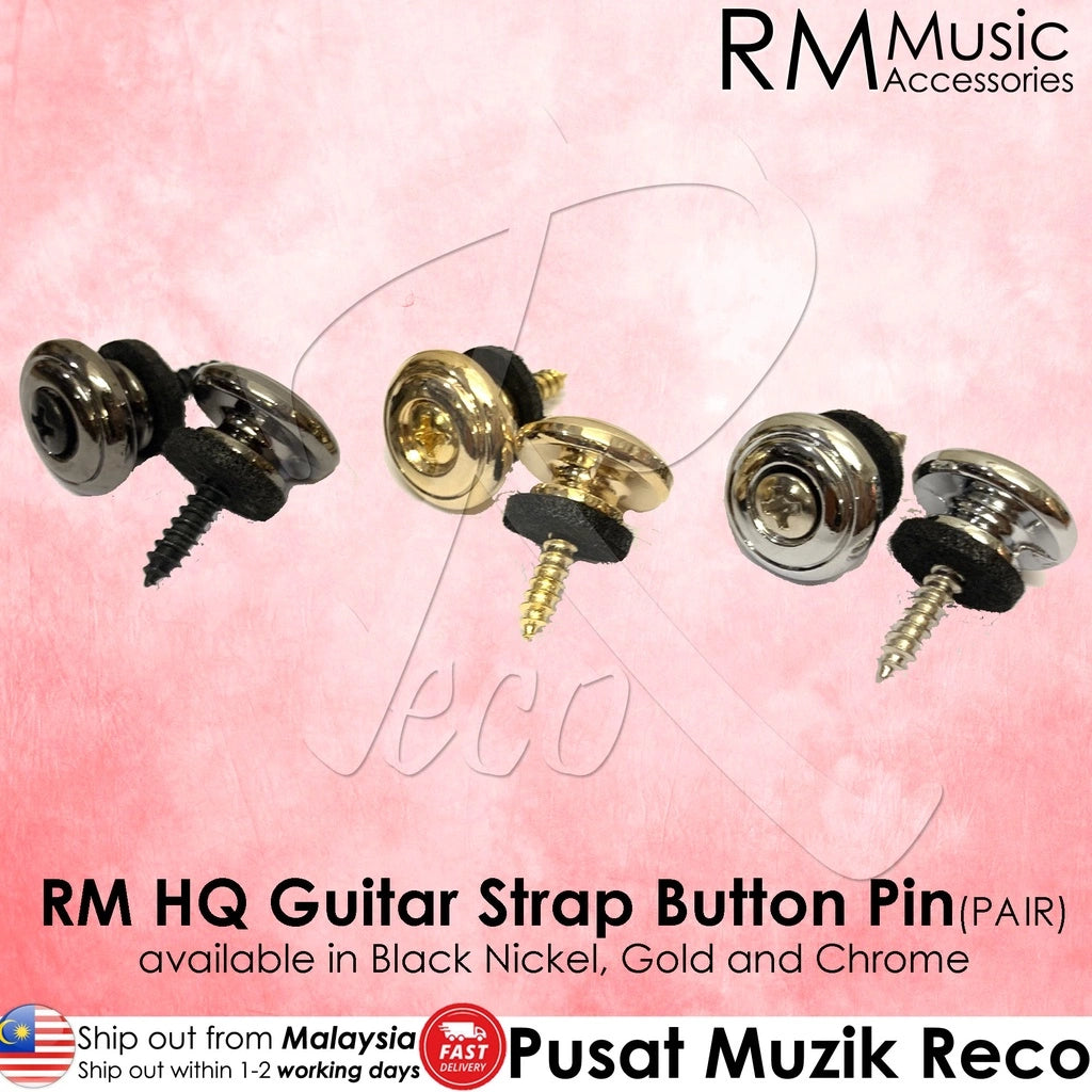 RM High Quality Acoustic Electric Bass Guitar Strap Button Mushroom Head Strap Pin (PAIR) (Black Nickel, Chrome, Gold) - Reco Music Malaysia