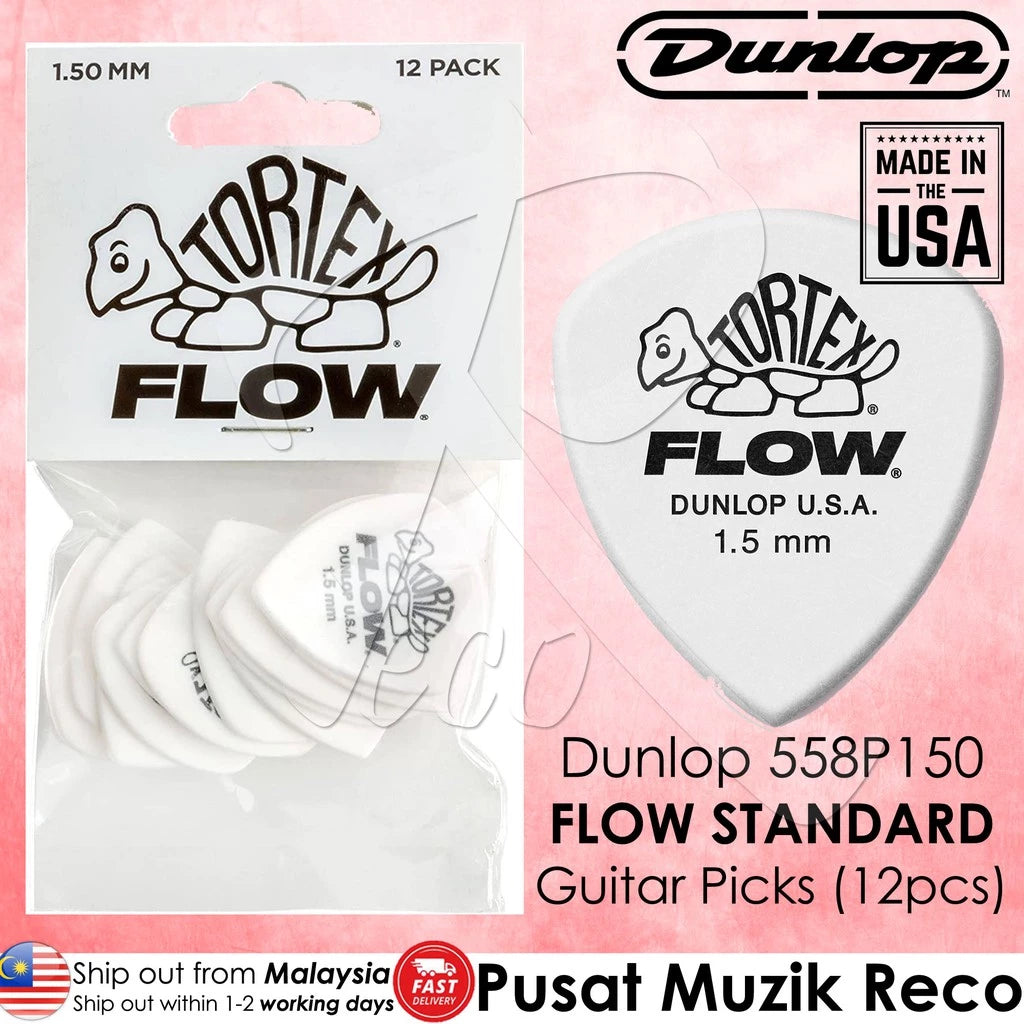 Jim Dunlop 558P150 Tortex Flow Standard 1.50mm Guitar Picks Player Pack, White (12pcs) - Reco Music Malaysia