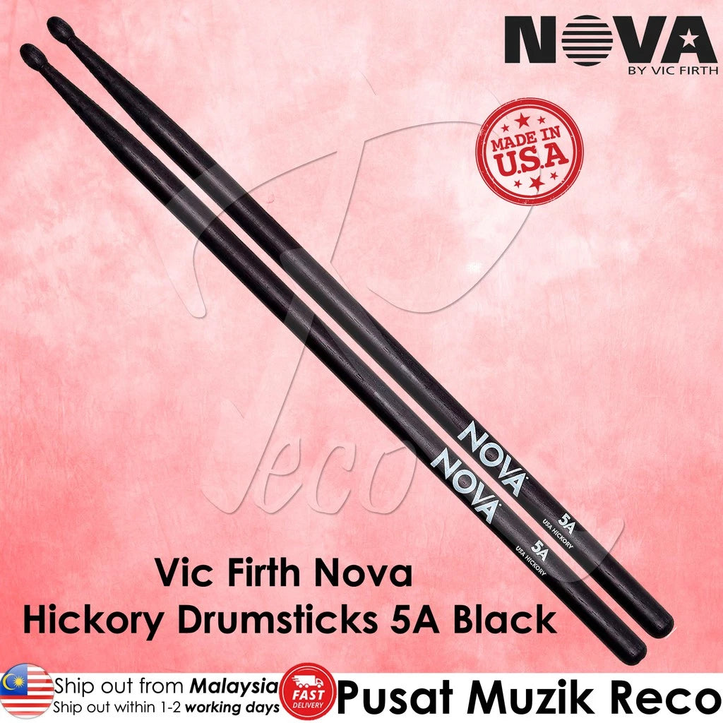 Vic Firth Nova N5AB USA Hickory Wood Tip Drumsticks 5A Black - Reco Music Malaysia