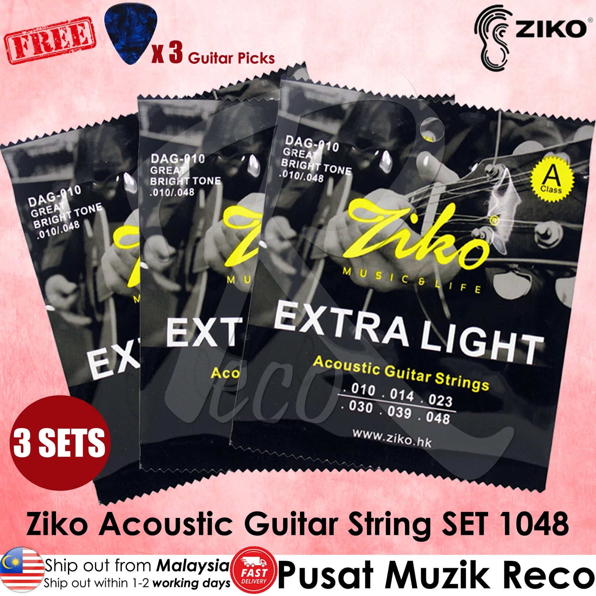 Ziko Acoustic Guitar String 1048 Extra Light 【3 SETS FREE PICKS】- Reco Music Malaysia