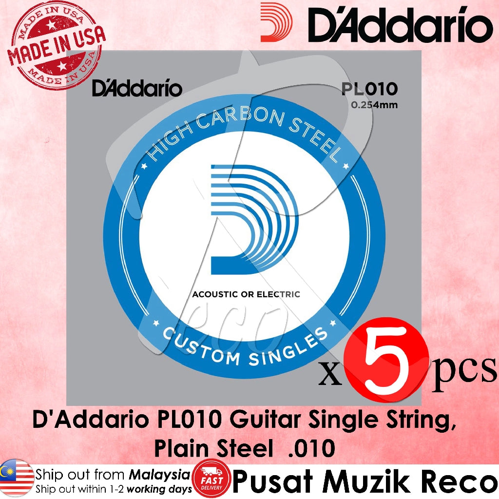 D'Addario PL010 Guitar Single String Plain Steel 010 Electric Guitar 1st String (Set Of 5) - Reco Music Malaysia