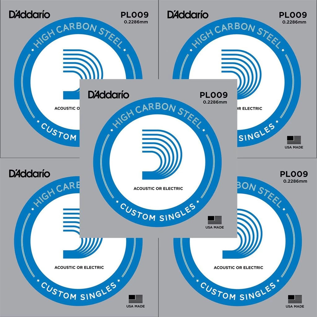 D'Addario PL009 Guitar Single String Plain Steel 009 Electric Guitar 1st String (Set Of 5) - Reco Music Malaysia