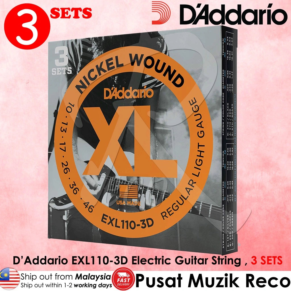 D'Addario EXL110-3D Nickel Wound Electric Guitar Strings Regular Light 10-46 , 3 Sets | Reco Music Malaysia