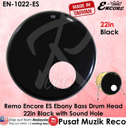 Remo Encore EN-1022-ES Ebony Bass Drum Head with Sound Hole 22" Bass Drumhead Drum Skin - Reco Music Malaysia
